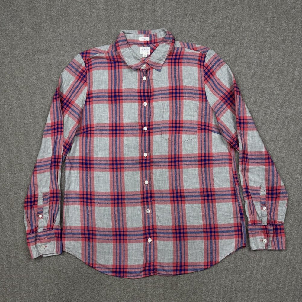 J. Crew Button Up Shirt Women's Size M Red Gray Long Sleeve Collared Plaid